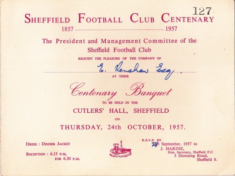 Sheffield Football Club Centenary invitation