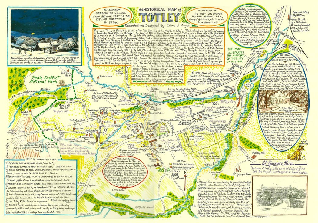 An historical map of Totley drawn by Totley-born artist Edward Mayor