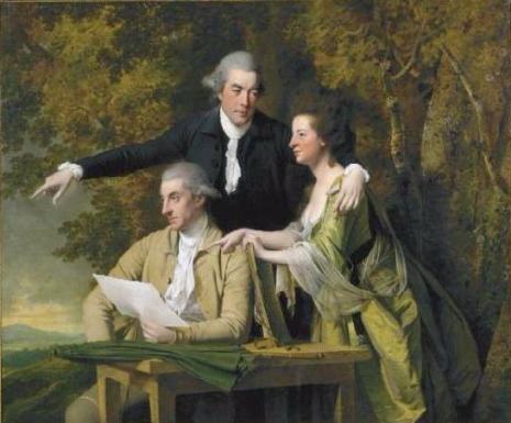 Rev. D'Ewes Coke (standing) with wife Hannah and cousin Daniel Parker Coke, by Joseph Wright of Derby