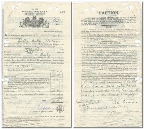 Insert an image caption here. Walter Waller Marrison Dealer's Licence 6 Jul 1908 endorsed by his widow
