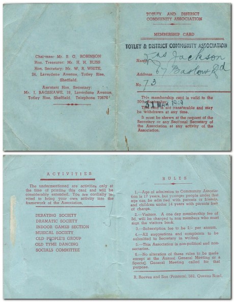 Totley & District Community Association Membership Card 1949