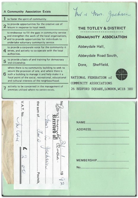Totley & District Community Association Membership Card 1992