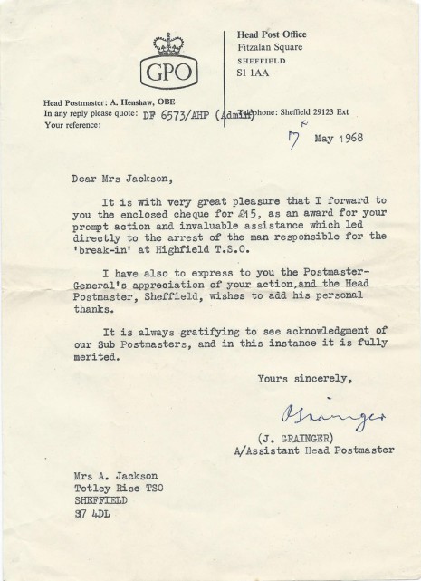 Annie Jackson's letter of thanks from the Assistant Head Postmaster.