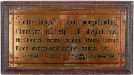 Plaque in the Church of St. John the Baptist, Abbeydale.
