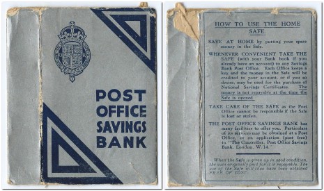 Post Office Savings Bank Home Safe cover, approx  4¾ x 3¼ x  ¾ inches (12 x 8 x 2.1cm)