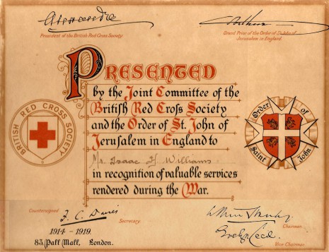 Certificate presented to Isaac Henry Williams