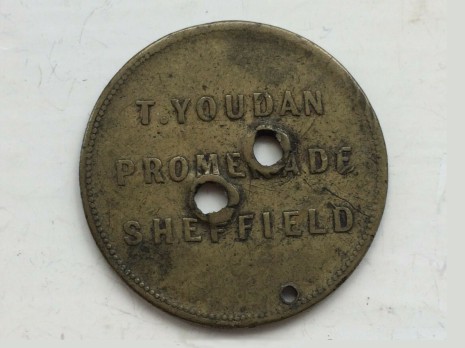 T. Youdan, Promenade, Sheffield token approx 1¼ inches (32 mm) in diameter.